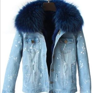 Maomaokong Denim jacket w fur distressed navy blue